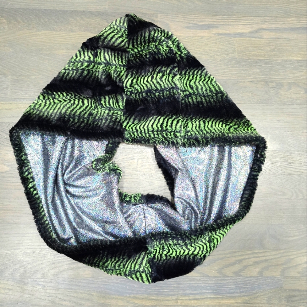 Minky Infinity hood lined with Holographic Silver Spandex